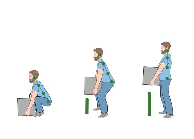 Bei anheben von Lasten vom Boden ist darauf zu achten, dass man in die Knie geht und dabei seinen Rücken gerade hält.